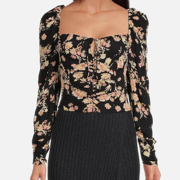 FREE PEOPLE Hilary Dark Floral Printed Square Neckline Top Size M - Picture 2 of 7